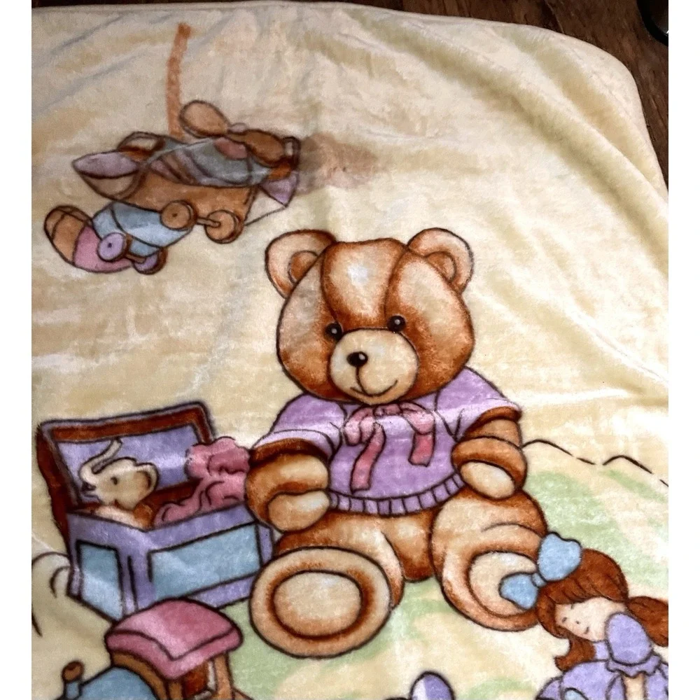 Vintage Baby Toddler Plush Blanket Yellow Teddy Bears‎ Nursery Rare